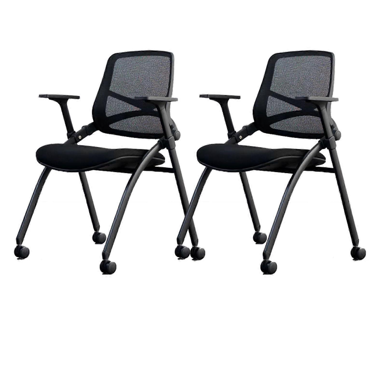 2 Pcs Folding Mesh Office Chairs with Lumbar Support, Stackable Conference Room Chairs with Wheels, Black
