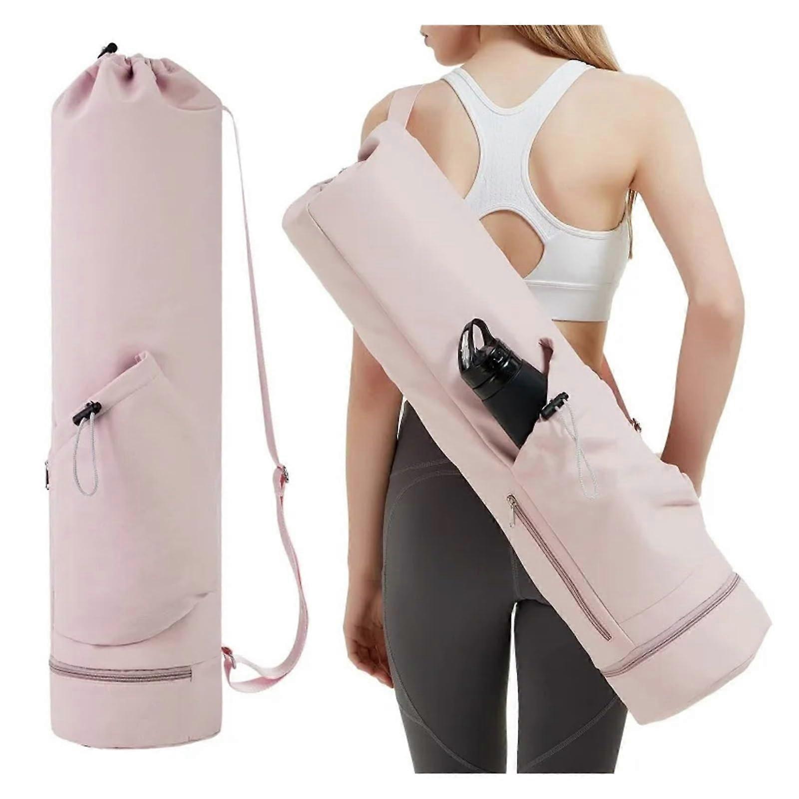 Yoga Mat Bag with Water Bottle Pocket, MultiPocket Storage, Lightweight Drawstring Backpack, Pink