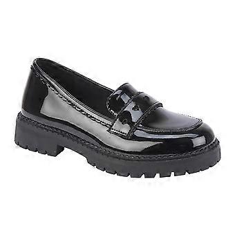 Mädchen Lack-Slipper, Schulschuhe, schwarz, zum Hineinschlüpfen, Sattelverzierung, herzförmig, dicke Sohle