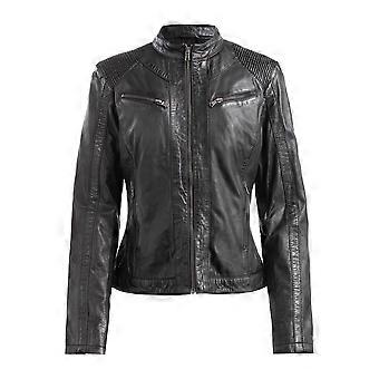 Women's leather jacket made of genuine leather in classic design with stand-up collar, zipper pockets