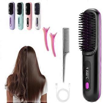 Cordless Hair Straightening Brush with LCD Display, Fast Heating Mini Travel Hair Straightener Brush Black