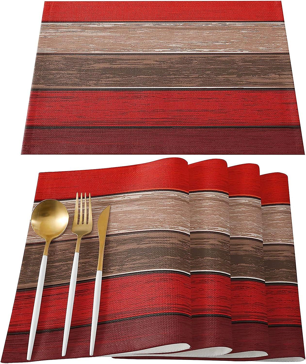 Lot de 6 sets de table de Nol rouge marron, texture bois de grange rustique rtro polyester rsistant aux taches napperons lavables dcoration pour table