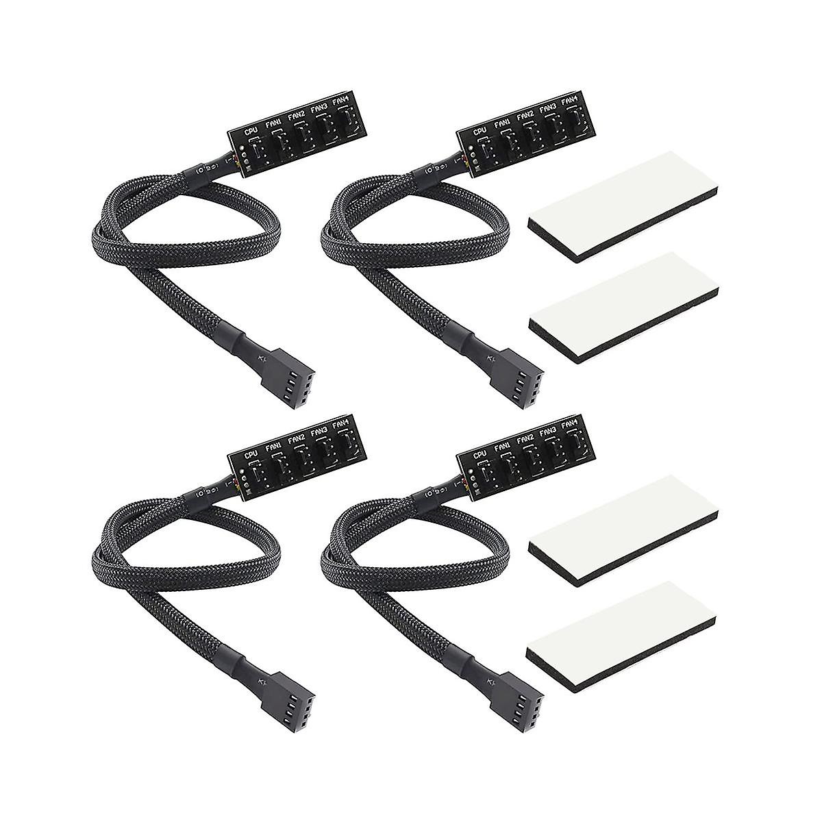 4PCS PWM Fan Hub, PC CPU Cooling 4 PIN/3PIN Fan Power Cable Hub Splitter Adapter Sleeved PWM Case F