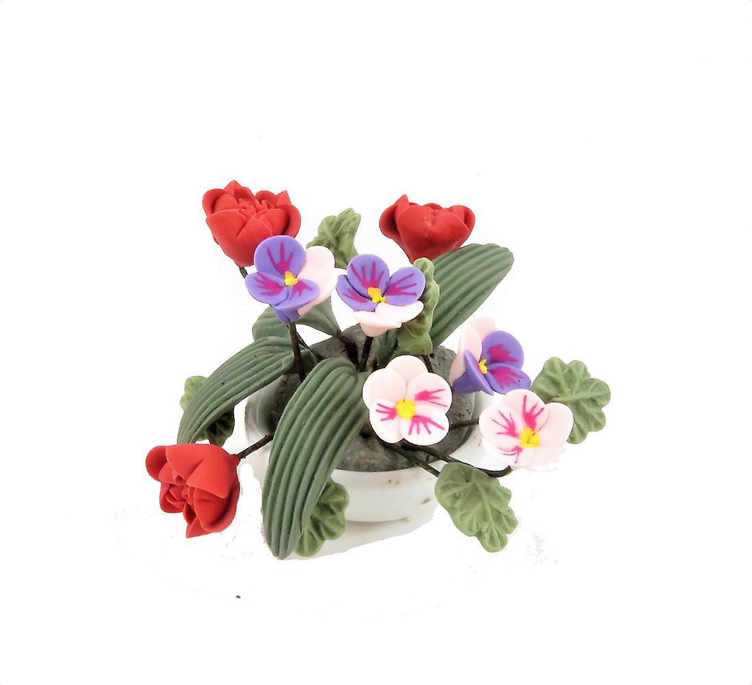 Dolls House Flower Display In Round Bowl Red Pink Table Centre Accessory