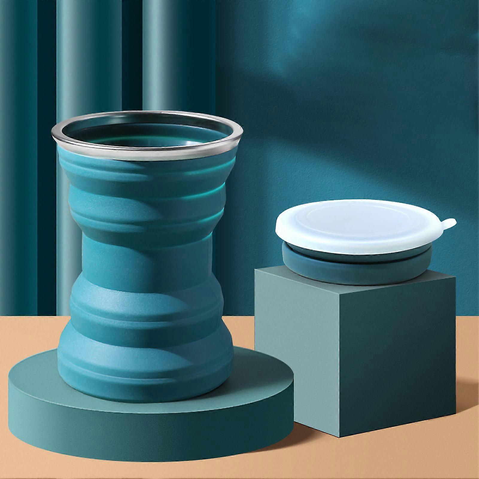 Folding Cup Silicone Ingenious Portable Space Saving Mini Foldable Cup with Lid for Outdoor Travel 320ML Grey Lake Blue