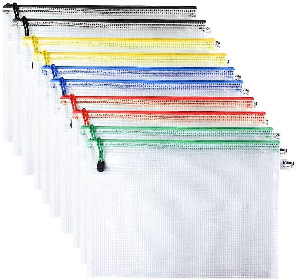 Waterproof A4 Mesh Zipper Pouch, Office File Holders, Durable School Filing Envelopes, Confidential Document Bags, 10/Pack
