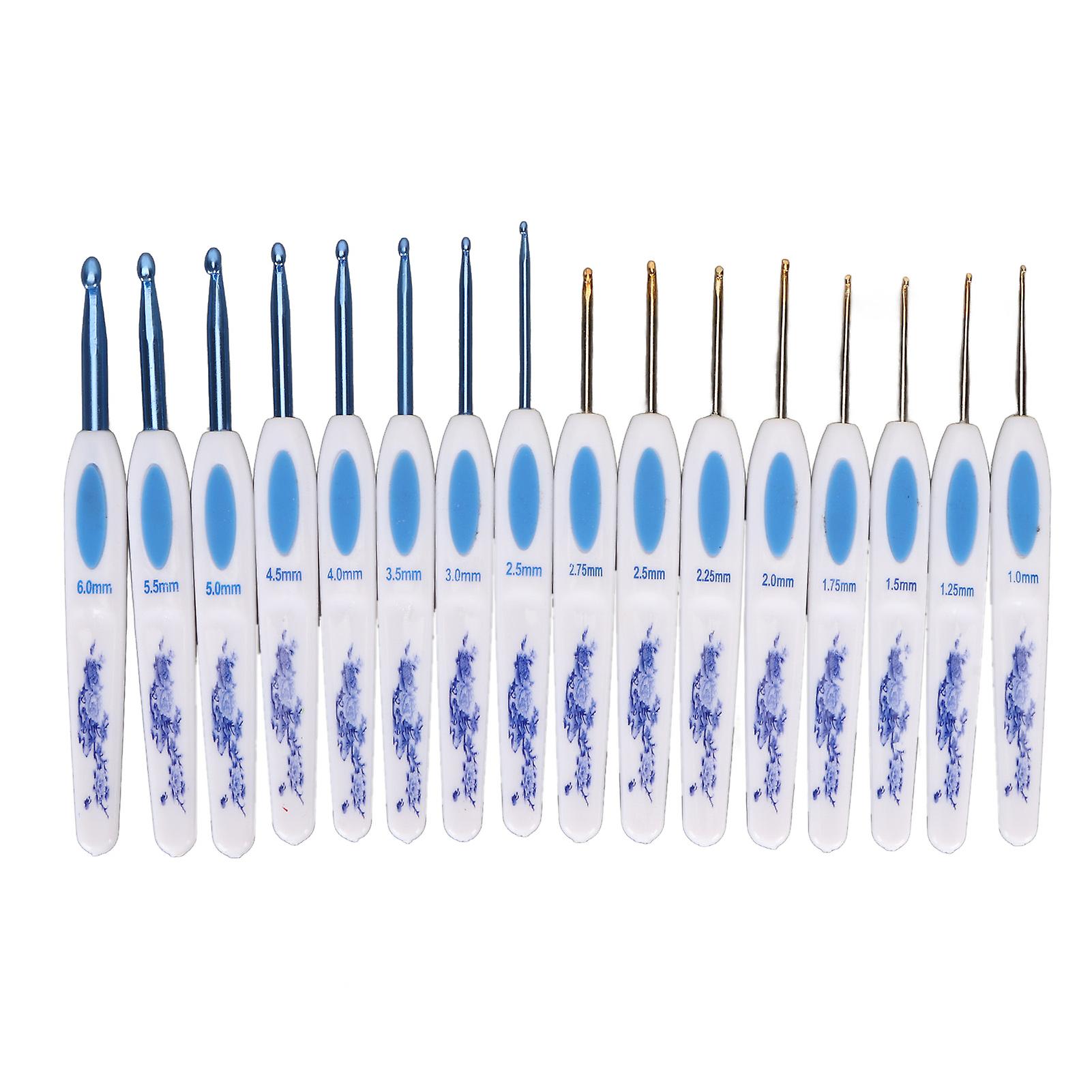 16pcs Crochet Hooks Set Blue White Porcelain Ergonomic Handle Crochet Needles with Case DIY Hand Knitting Art Tools for Beginner