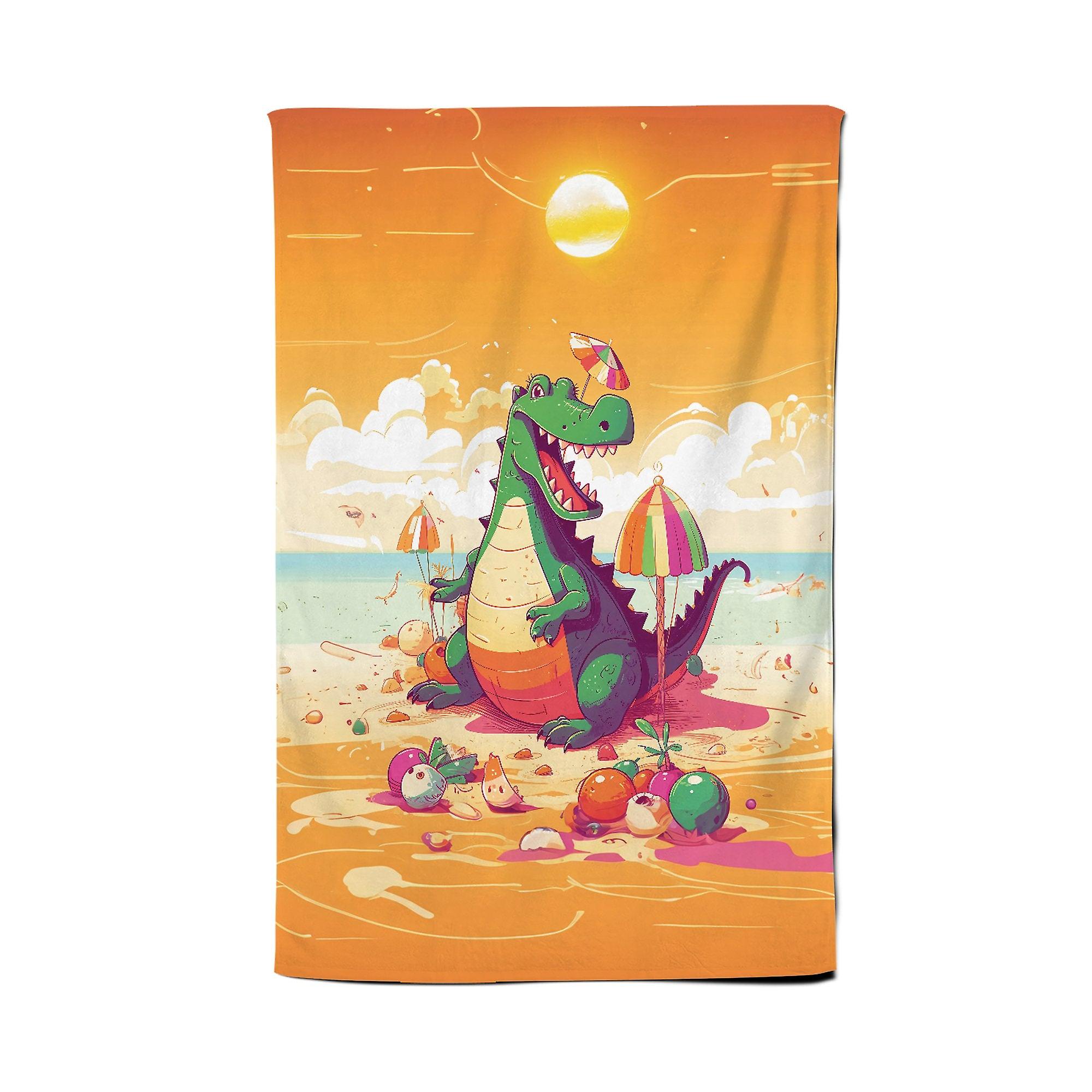 Crocodile On A Beach Holiday Tea Towel