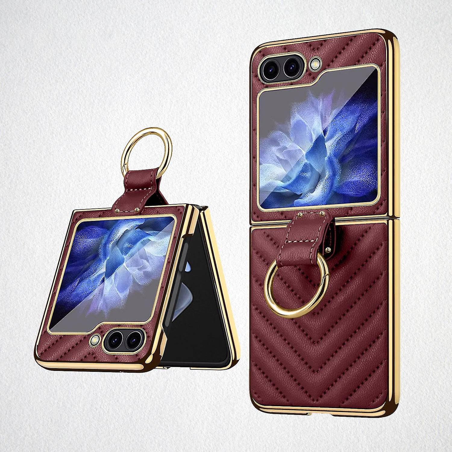 Plating Case With Ring Compatible With Samsung Galaxy Z Flip 5, V Shape Pattern Pu Leather All-inclu
