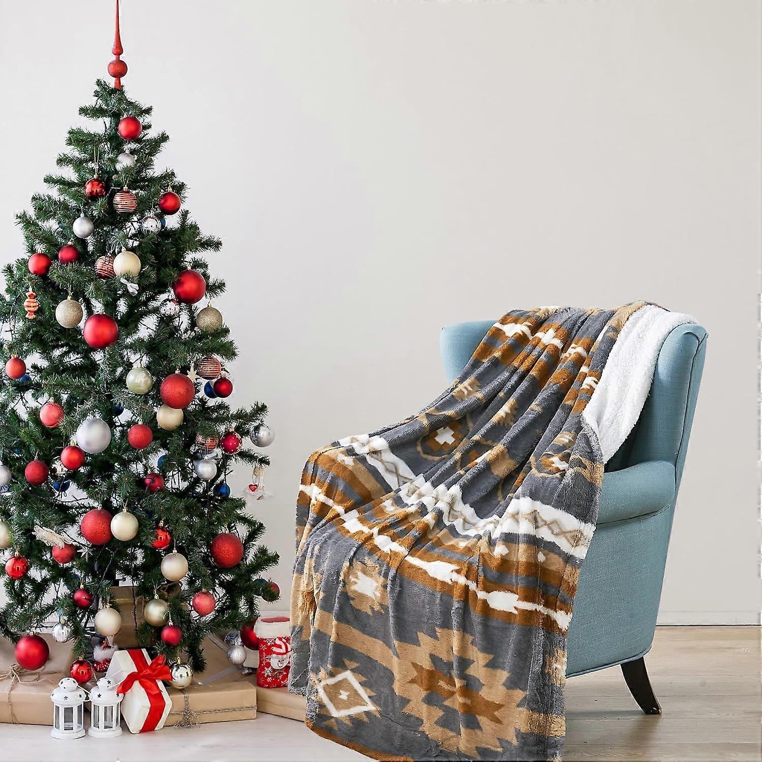 Bohemian Stylish Throw Blanket with Soft Sherpa Lining, Warm Lightweight Blankets for Couch, Sofa, Bed, Camping, Outdoor Throw All Seasons,50" x 60",C