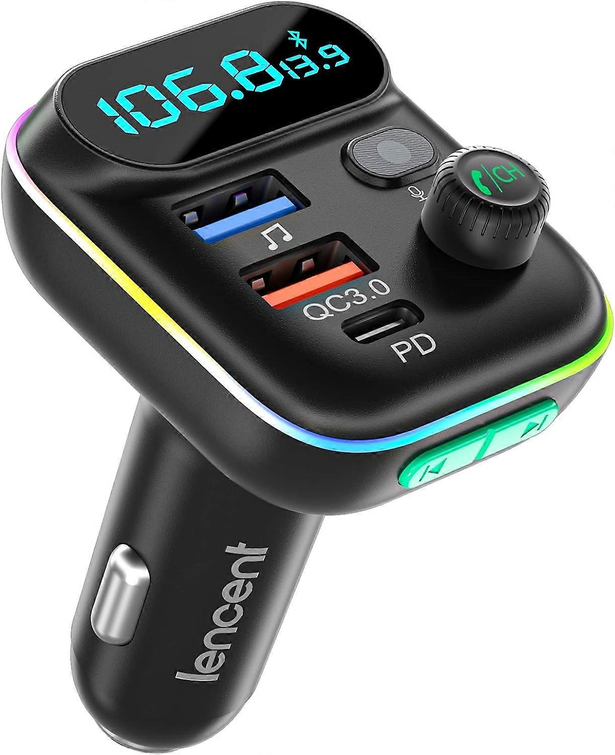 Bluetooth FM Sender, Auto Zigarettenanzünder Bluetooth 5.0 Sender, Schnelles Autoladegerät PD Typ C + QC3.0, Freisprecheinrichtung, MP3 Music Player Bas