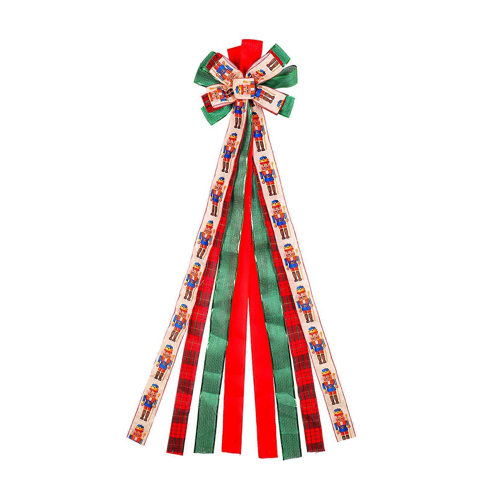 Classic Color Christmas Tree Topper Nutcracker Pattern Satin Ribbon Large Bowknot Christmas Tree Decoration