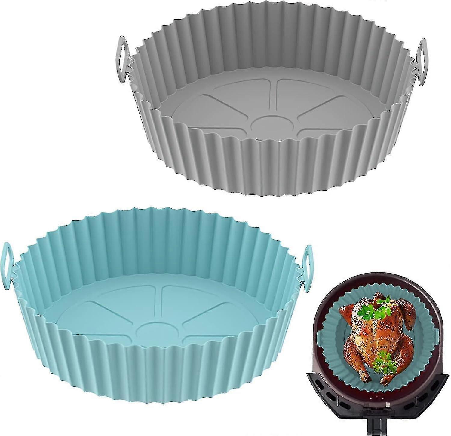 Air Fryer Silicone Pot, 2 Pack Reusable Silicone Air Fryer Liners, Air Fryer Accessories, Disposable Parchment Paper Linergrey+blue