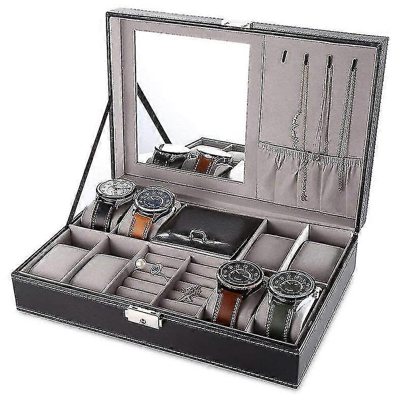 8 Slots Jewelry Box Watch Organizer Storage Case With Lock And Mirror