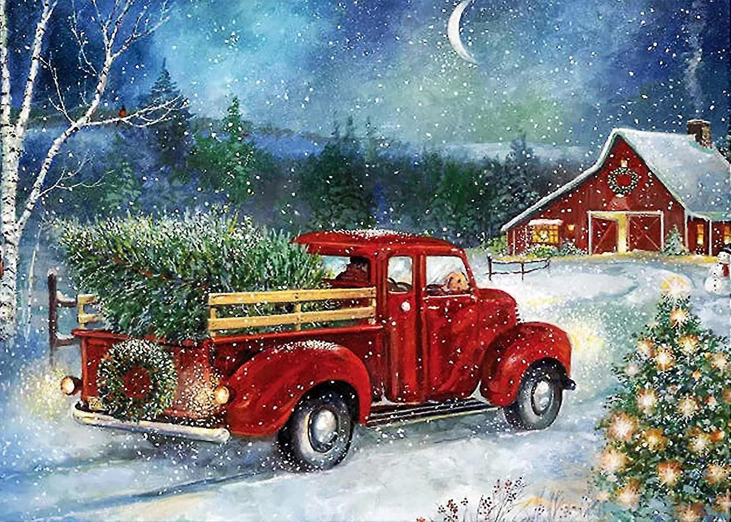 Christmas Diamond Painting Kits,winter Diamond Art Kit For Adults,red Truck 5d Paint With Diamond Full Drill For Parents-children Interrction,wall Dec