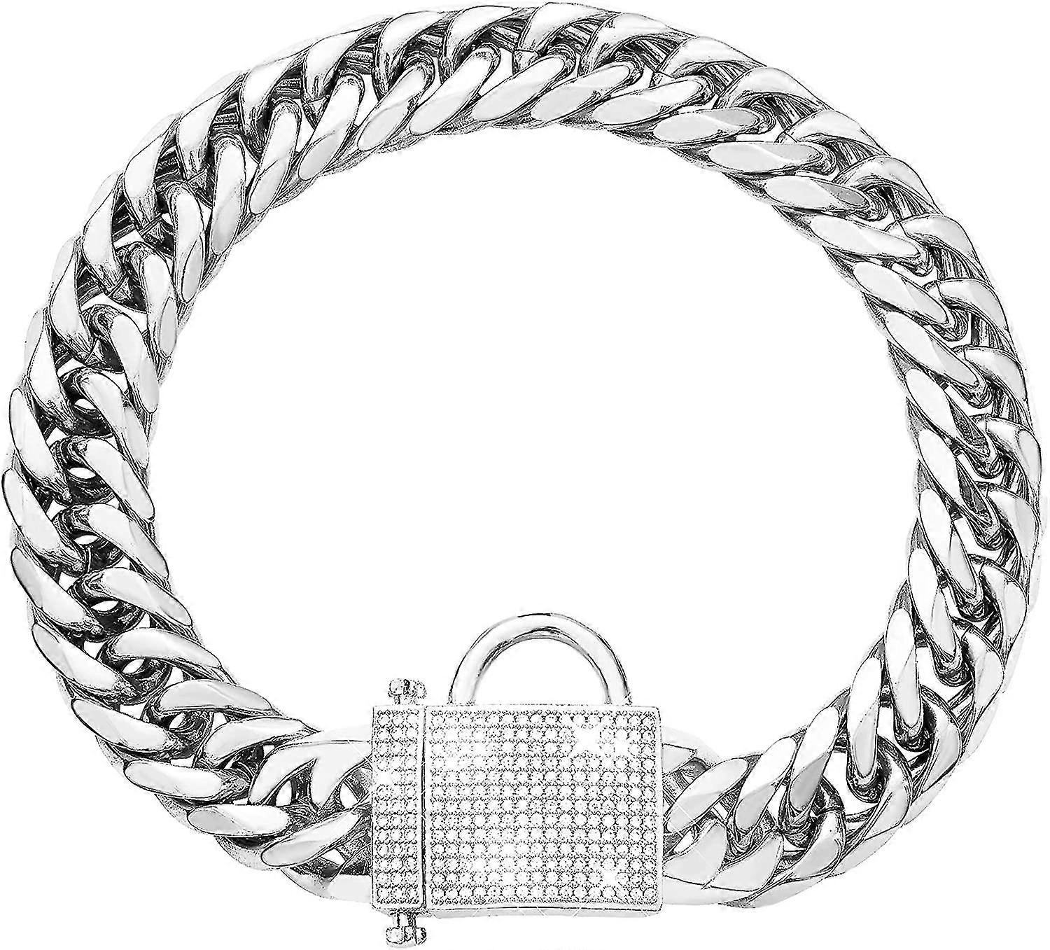16mm Cubic Zirconia Locking Silver Chain Dog Collar Sturdy Metal Puppy Collar Luxury Dog Collar Bling Xsmall, Small, Medium And Large 50cm