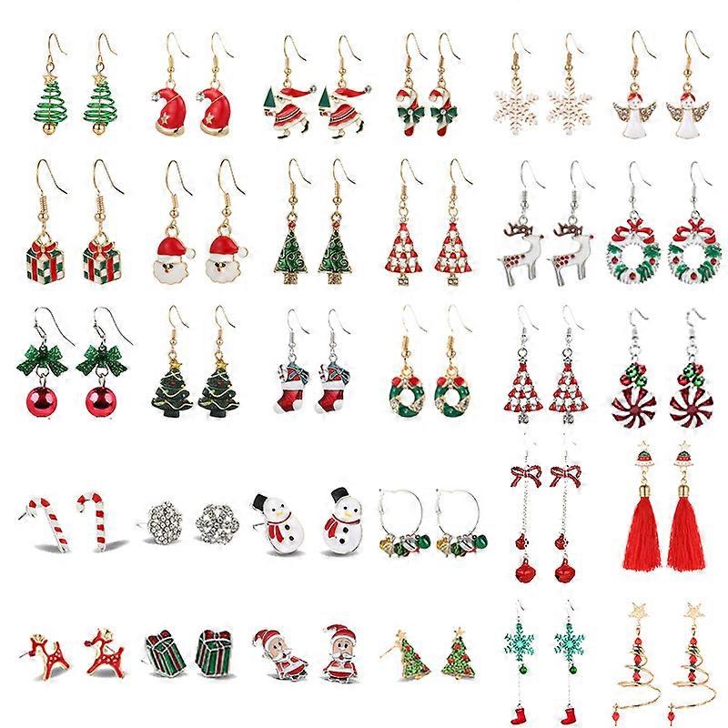 30 Pairs Christmas Earrings Snowflake Elk Bells Cross-border Christmas Tree Epoxy Copper Ear Hook Pendant Jewelry