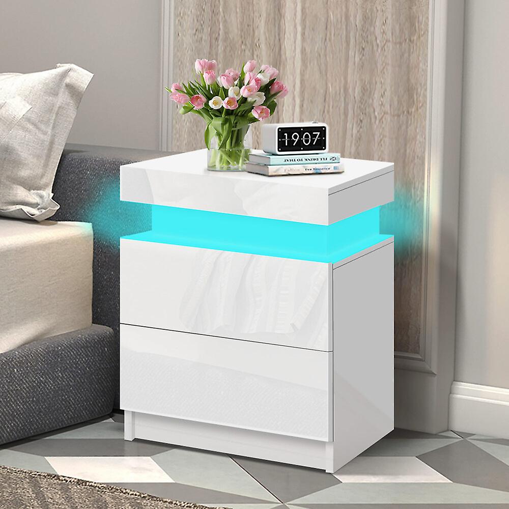 ELFORDSON Bedside Table LED Bedside Cabinet 4 Side High Gloss Nightstand White