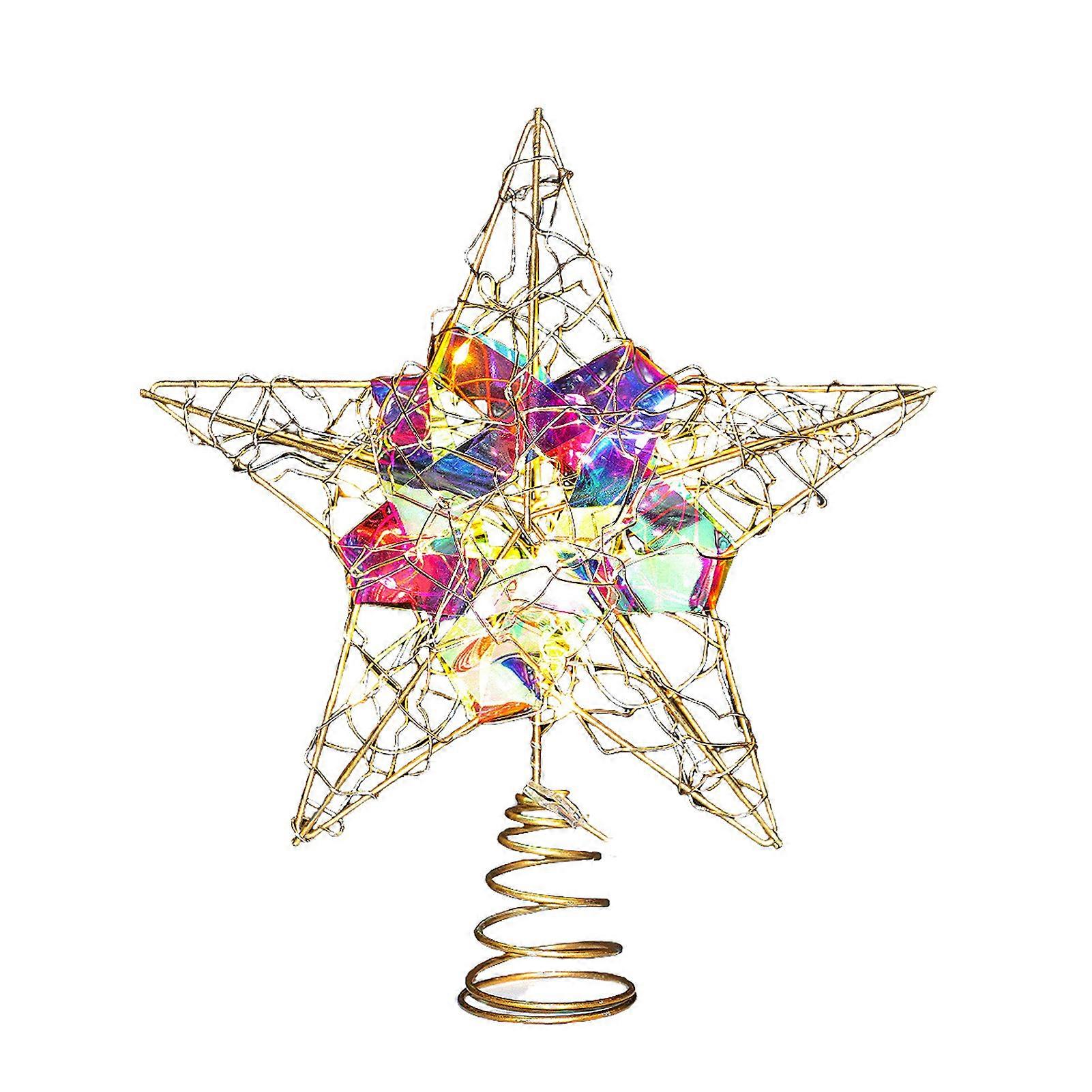 Star Tree Topper Light Metal Christmas Tree Topper Star Ornament with Lights Battery Operated Five-Pointed Star Topper for Xmas Tree Decor