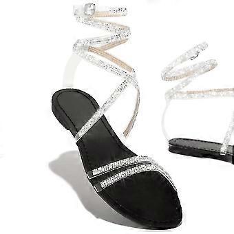 Women Glitter Diamante Flat Sandals Lace Tie Up Sandals Summer Beach Shoes Sizeblack-41