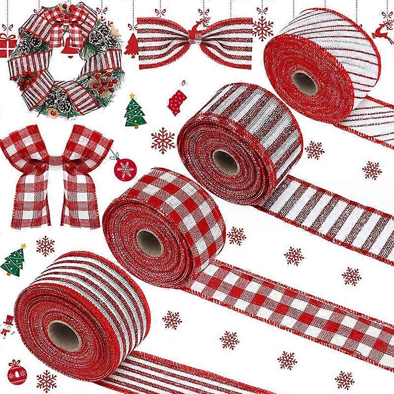 4 Rolls Christmas Plaid Ribbon Snowflake Plaid Burlap Ribbon Christmas Wrapping Ribbon for Christmas Tree Home Wrapping Craft Decoration