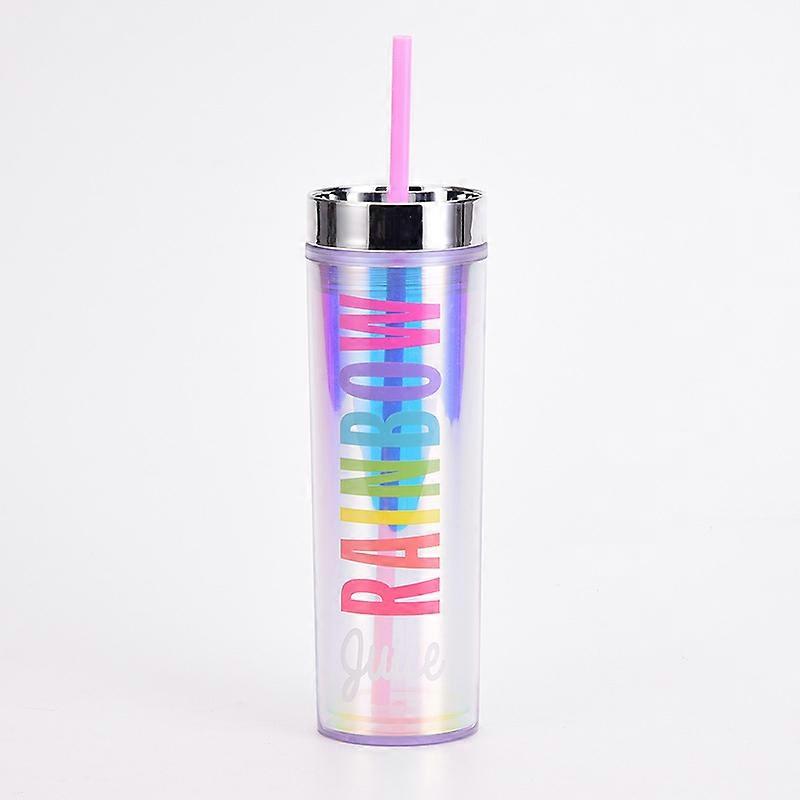 16oz plastic straw cup creative straight body water cup magic color electroplating lid double layer plastic cup