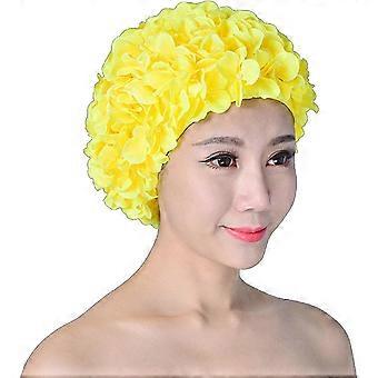 Vintage Floral Petal Retro Swim Caps Bathing Caps For Women, Ladies Flower Long Hair(yellow)