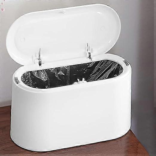 White , Small Table Trash Can with Push Button Lid White Desktop Trash Can Mini Plastic Table Trash Bin Portable Kitchen Table Trash Can for Dressing 