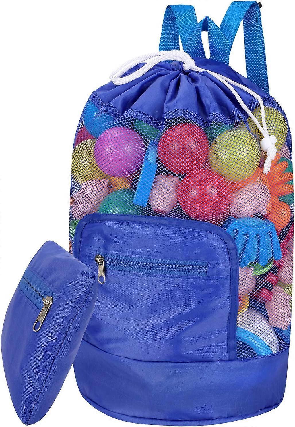 Mesh Beach Bag Sand-Away Drawstring Beach Backpack Foldable Swim Pool Toy Storage Bag with Double Shoulder Strap (Blue)