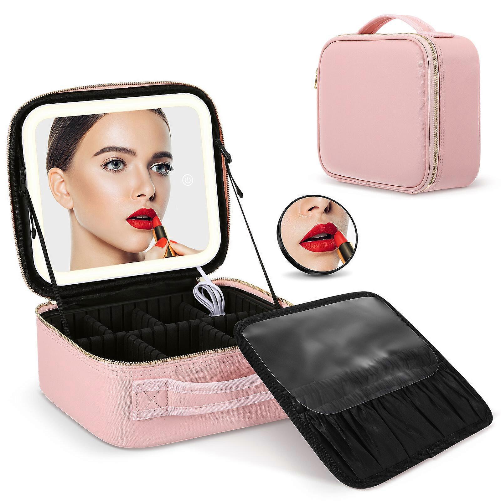 Travel Makeup Case with LED Light Mirror Portable Cosmetic Pouch Travel Organizer Size S (Pink)