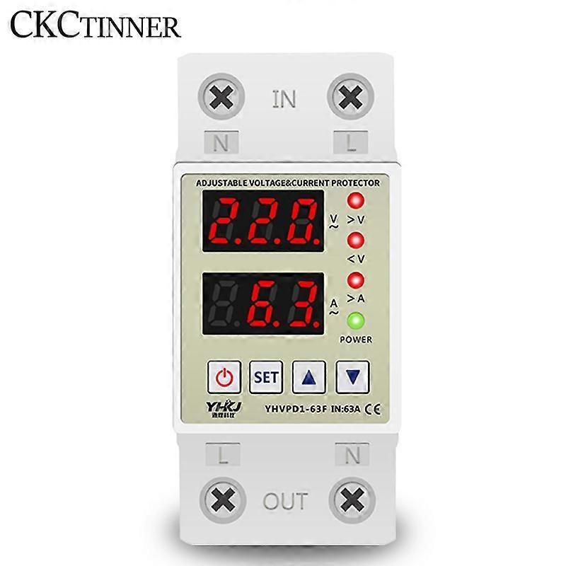 Din Rail Adjustable Over Voltage Current and Under Voltage Protector 40A 63A 220V 230V Surge Protector Relay Current Protection