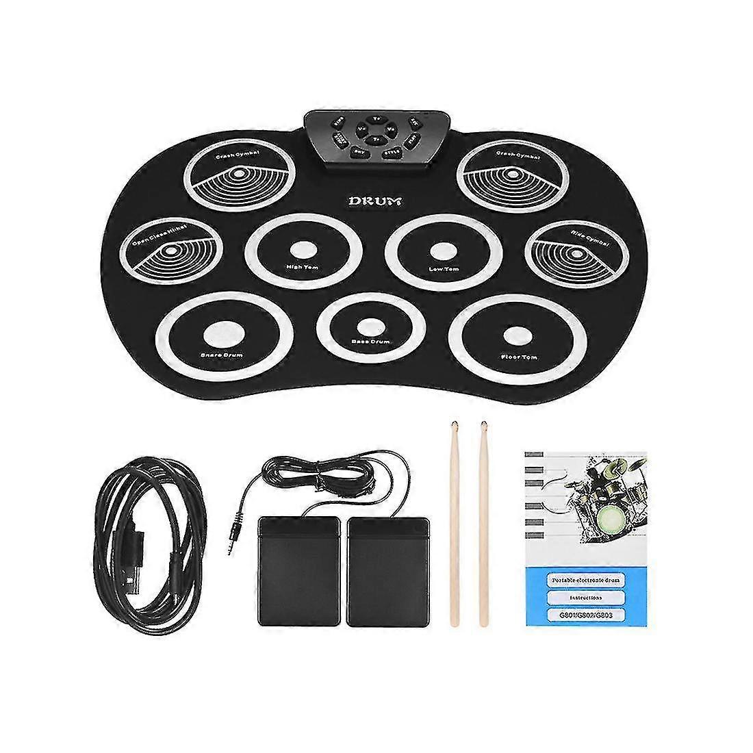 Portable Electronic Drum Set Roll Up Kit 9 Silicone Pads Usb, White