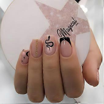 Unghie finte in stile francese con motivo a serpente nero copertura completa Sweet Charming riutilizzabile unghie finte colla modelli
