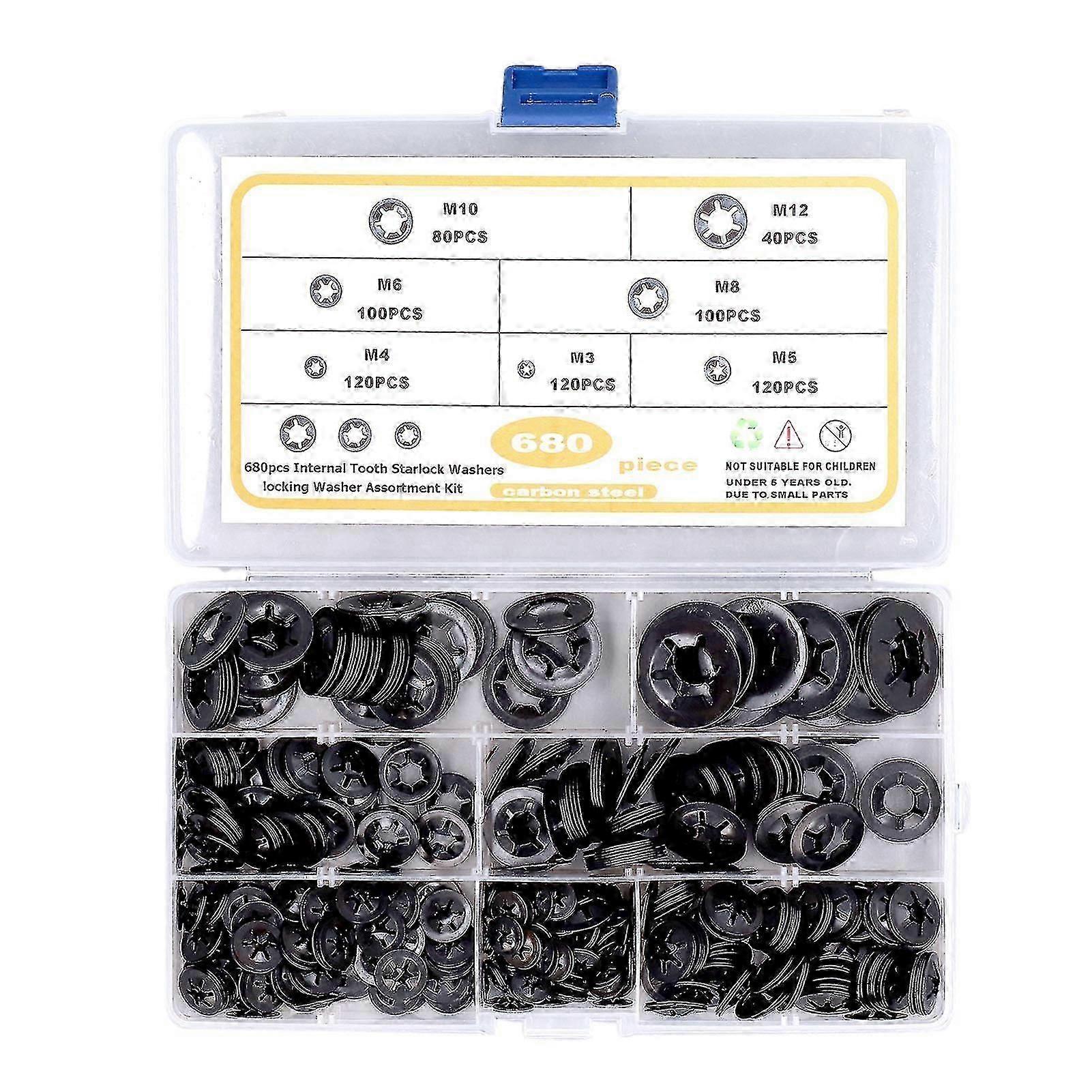 680pcs Starlock Washers Flat Locking Internal Tooth Assortment Kit Acero al carbono M3m12