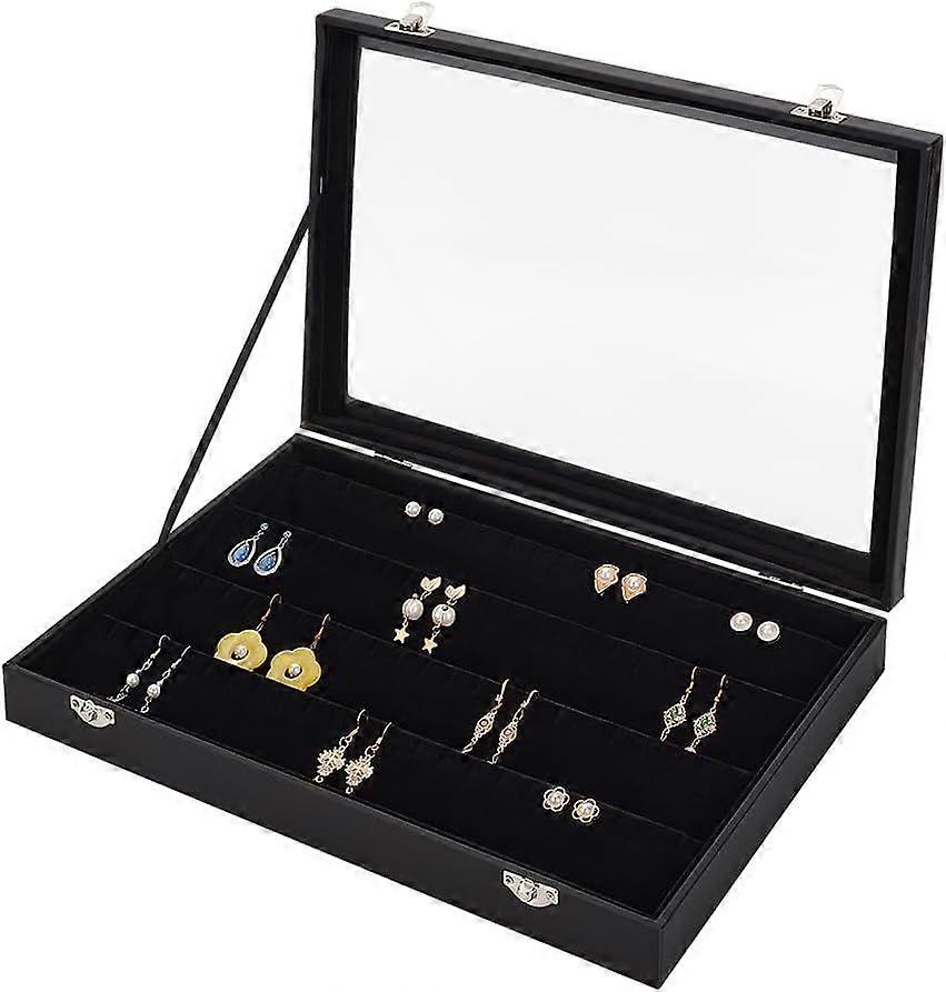 Imitation Leather Earring Display Box Black Earring Organizer Case with Velvet Inside Cabinet Earring Collection Display Case with Clear Lid for Earri