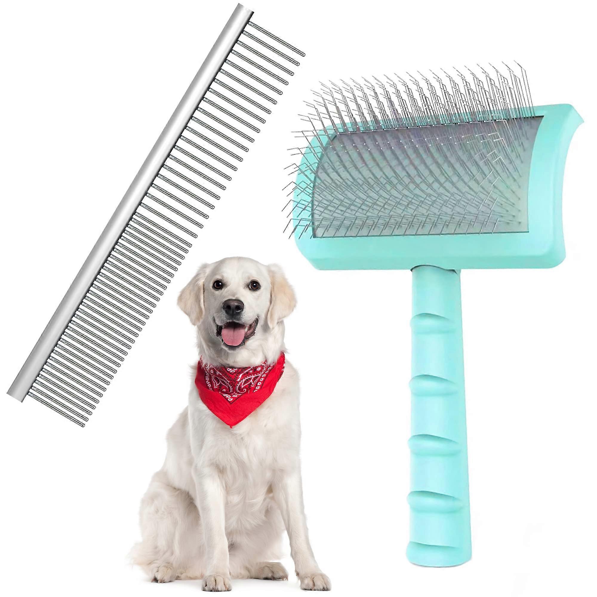 Brush & Comb Value Kit For Dog Grooming 2-Piece Set Removes Long Hair And Undercoat Large Extra-Long Pins
