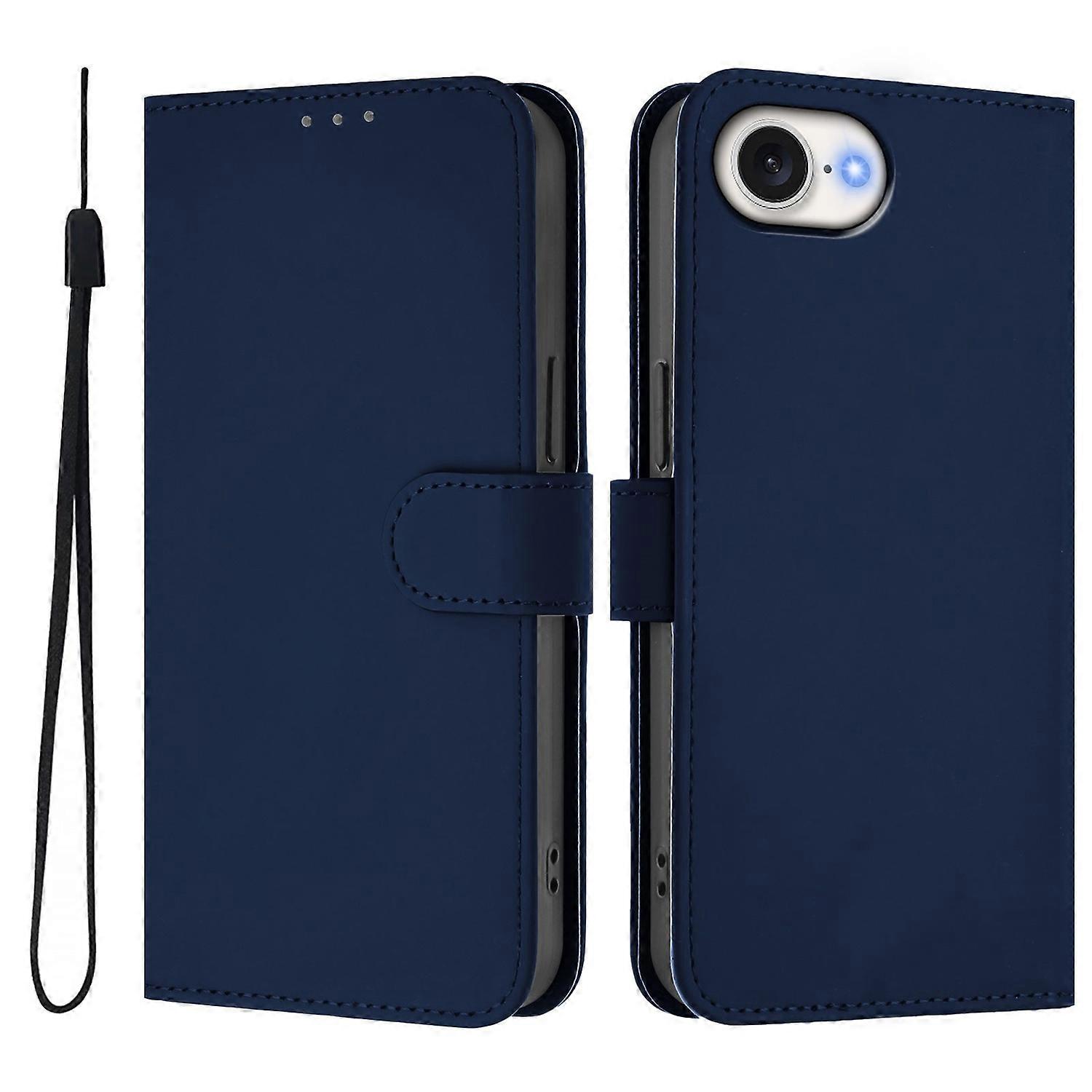For iPhone 16e Case Solid Color Wallet Leather Phone Cover with Strap - Navy Blue