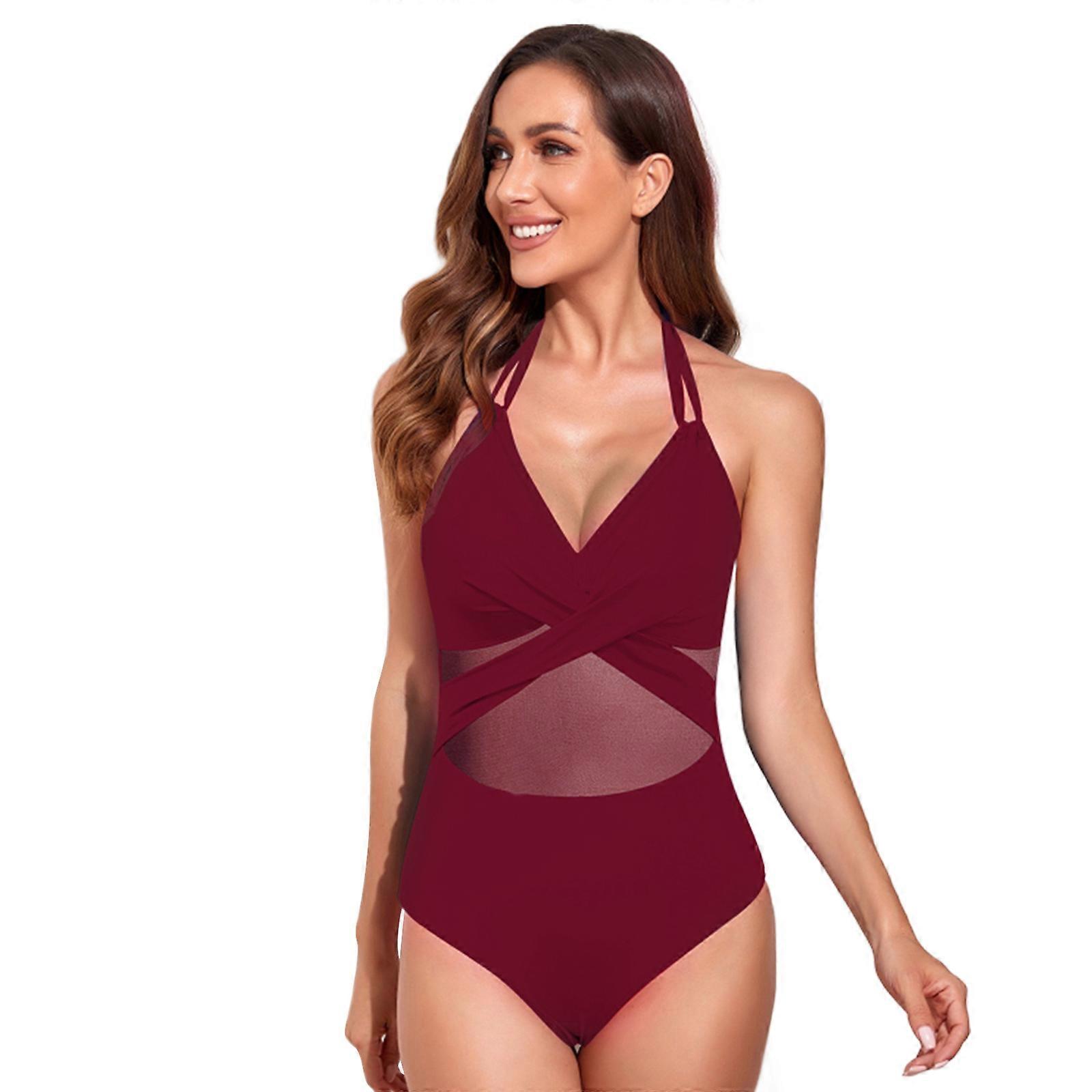 Womens V-neck One Piece Swimsuits Full Coverage Modest Swimwear Mesh-Wrapped Tummy Control Bathing Suit Monokini Gift  Claret XL