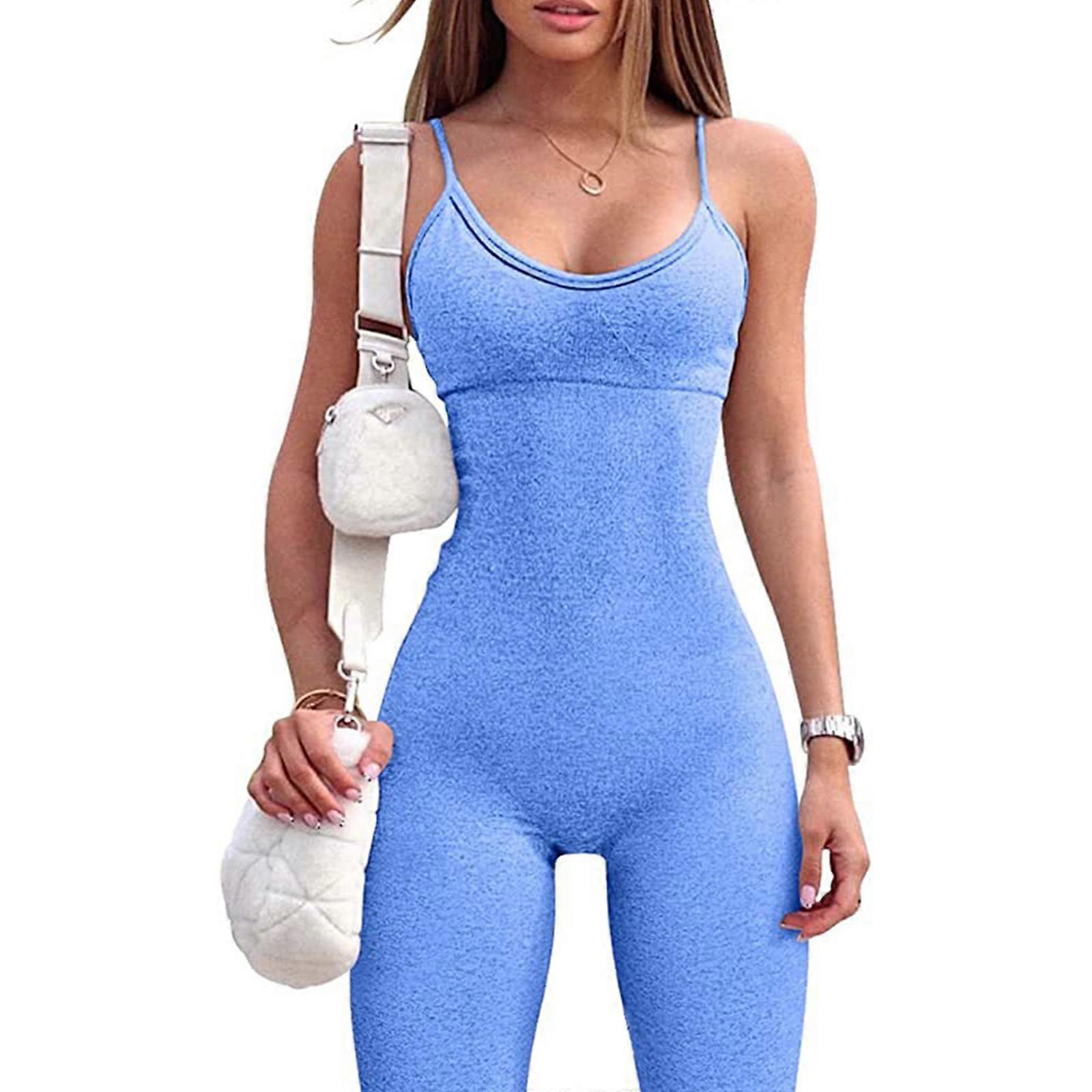 Afslappet Ærmeløs Romper Spaghetti Sraps Helfarve Tynde Buksedragter Elastiske bukser Cami Bodysuit til Damer Damer himmelblå XL