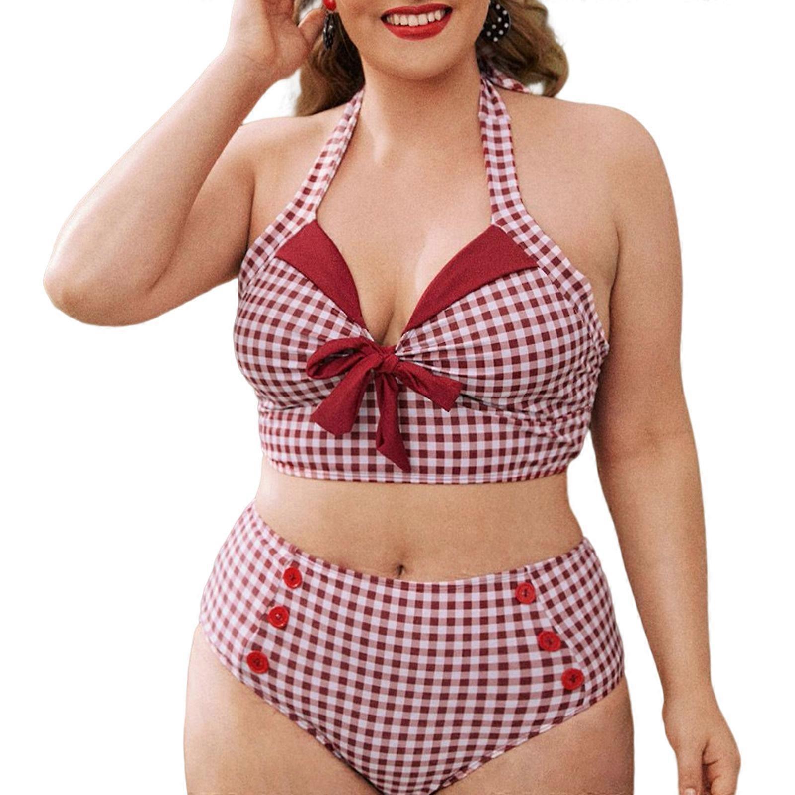Womens Big Size Plaid Print Halter Front Tie Bras and High Waist Button Bottom Bikini Set Push Up Swimsuits Bathing Suit  Red XL