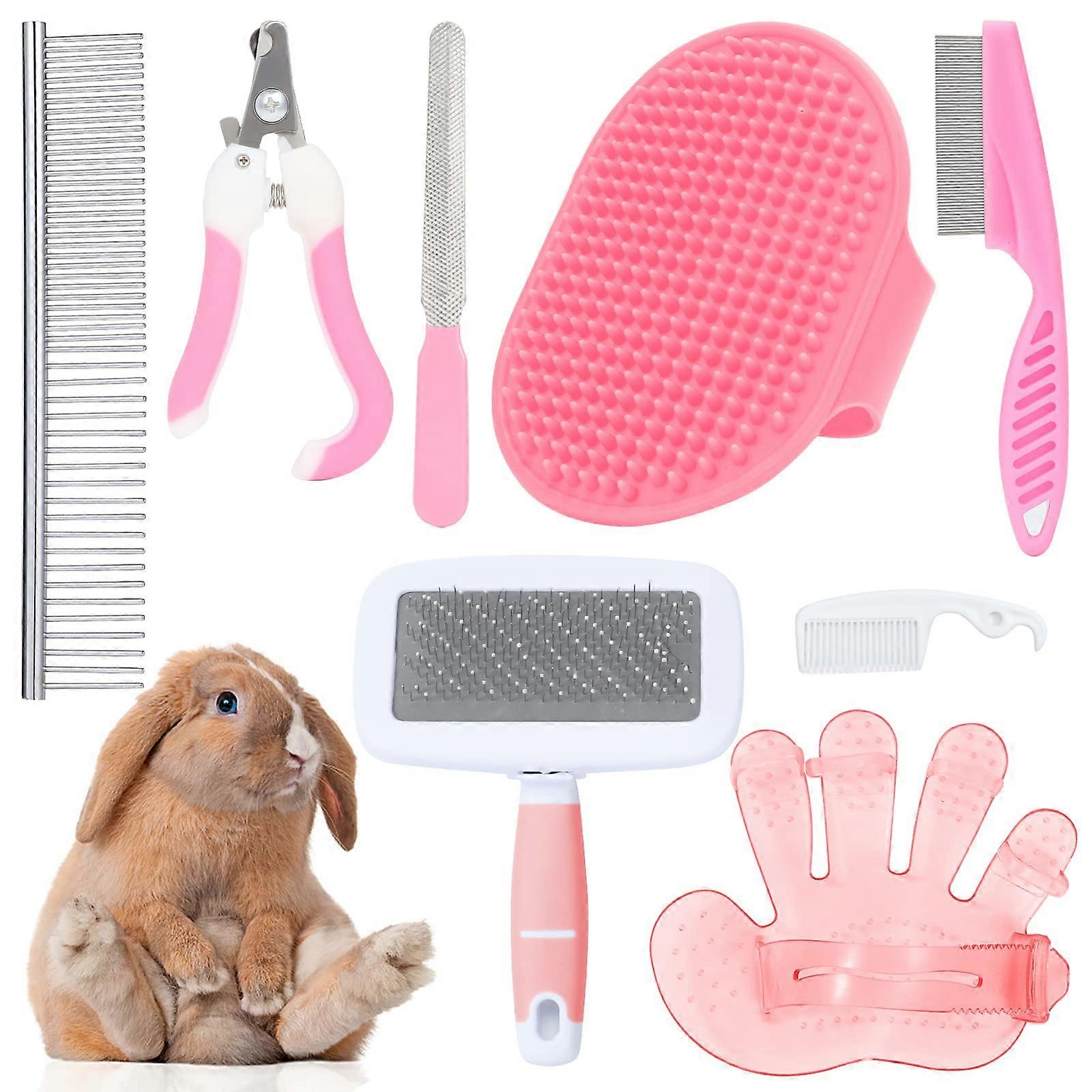 Rabbit And Small Pet Care Set With Slicker Brush, Grooming Glove, Nail Clippers, Flea Comb, Pink Double-Sided Brush