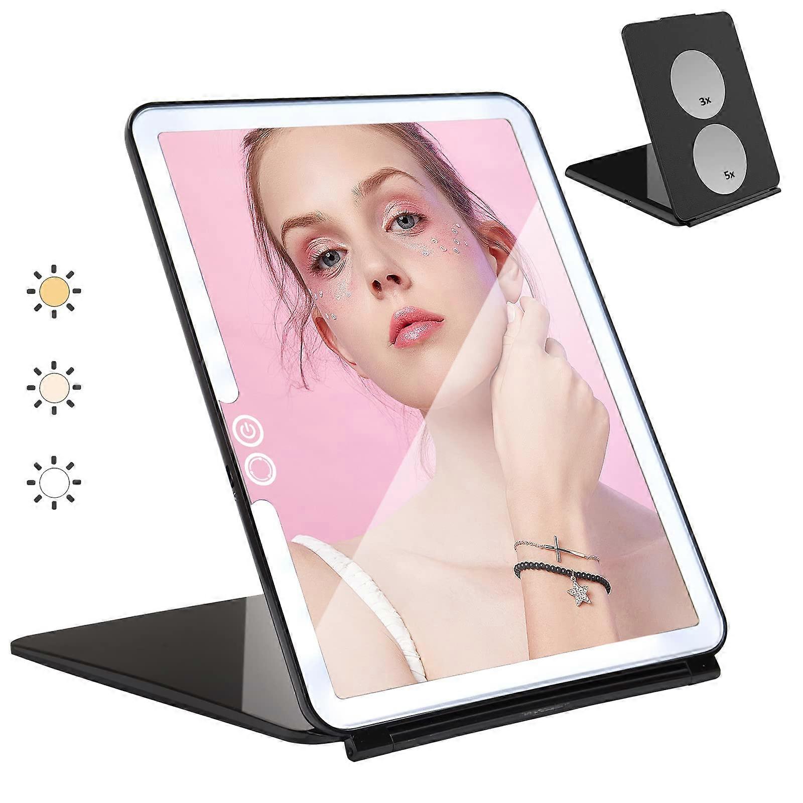 LED Light Makeup Mirror with 3X 5X Magnification, USB Rechargeable, Touch Screen, Foldable Design for Travel