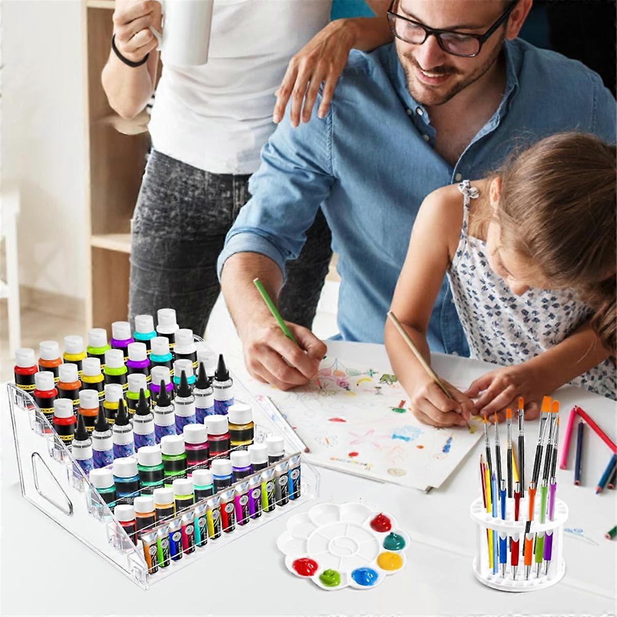 2er-Pack durchsichtige Farbaufbewahrungsbox mit Pinselhalter und Mischpalette, 7-lagige Bastelfarbenaufbewahrung Rac