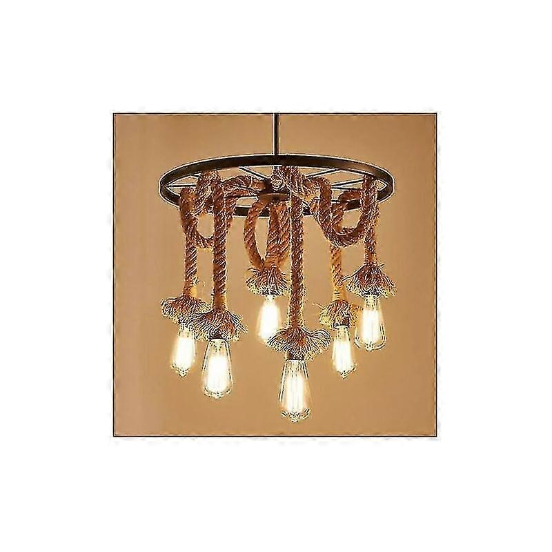 Hemp Rope Pendant Light Vintage Industrial Chandelier Creative Wheel Ceiling Light 6 Lights Pendant