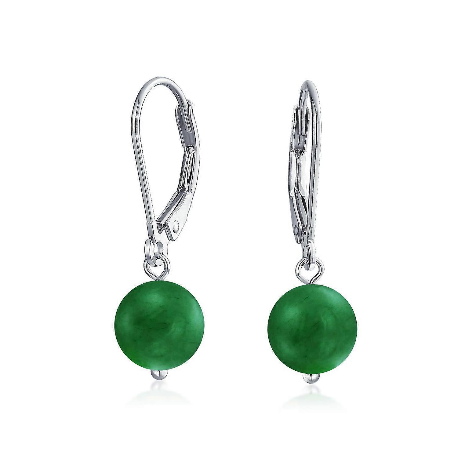 Simple Basic Gemstone Round 8MM Bead Ball Drop Dangle Earrings Sterling Silver .925 Lever Back Green Aventurine