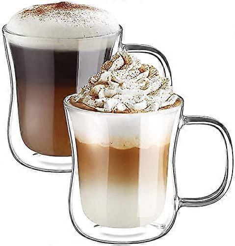 Slimming double-layer latte macchiato borosilicate glass coffee cup set, 2-piece set 350ml with handle, suitable for a variety of drinks