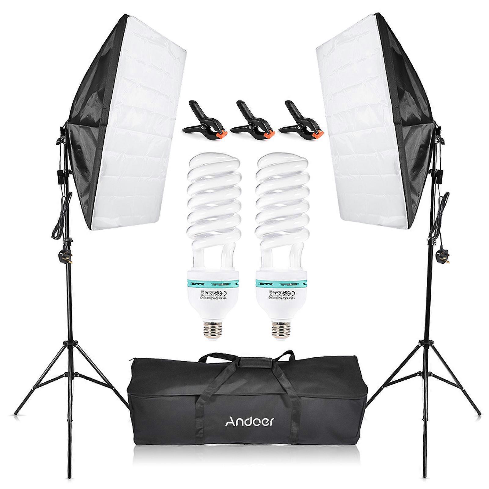 Andoer Photography Studio Softbox Lighting Kit 2pcs 135W Light Bulbs 2pcs Light Stand 2pcs Single Bulb Socket Softbox 3pcs Fish-like Mount Clip 1pc N