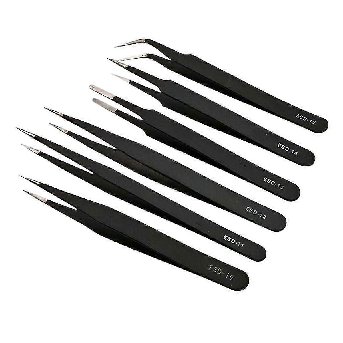6PCS-Static Esd Stainless Steel Tweezers Maintenance Tools for Precision Curved and Straight Repair Suitable for Various Brands