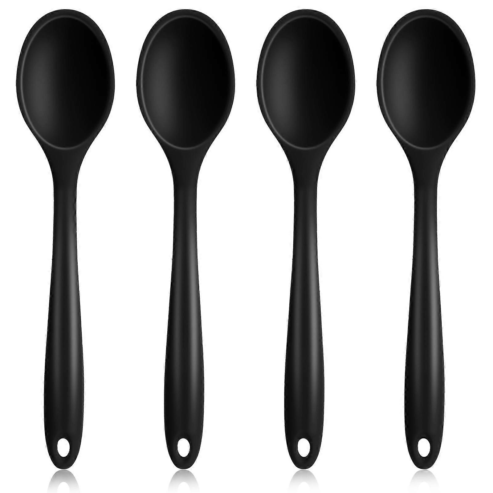 Pack of 4 Silicone Spoons, NonStick Kitchen Spoons, Baking Mixing Tools (Black)