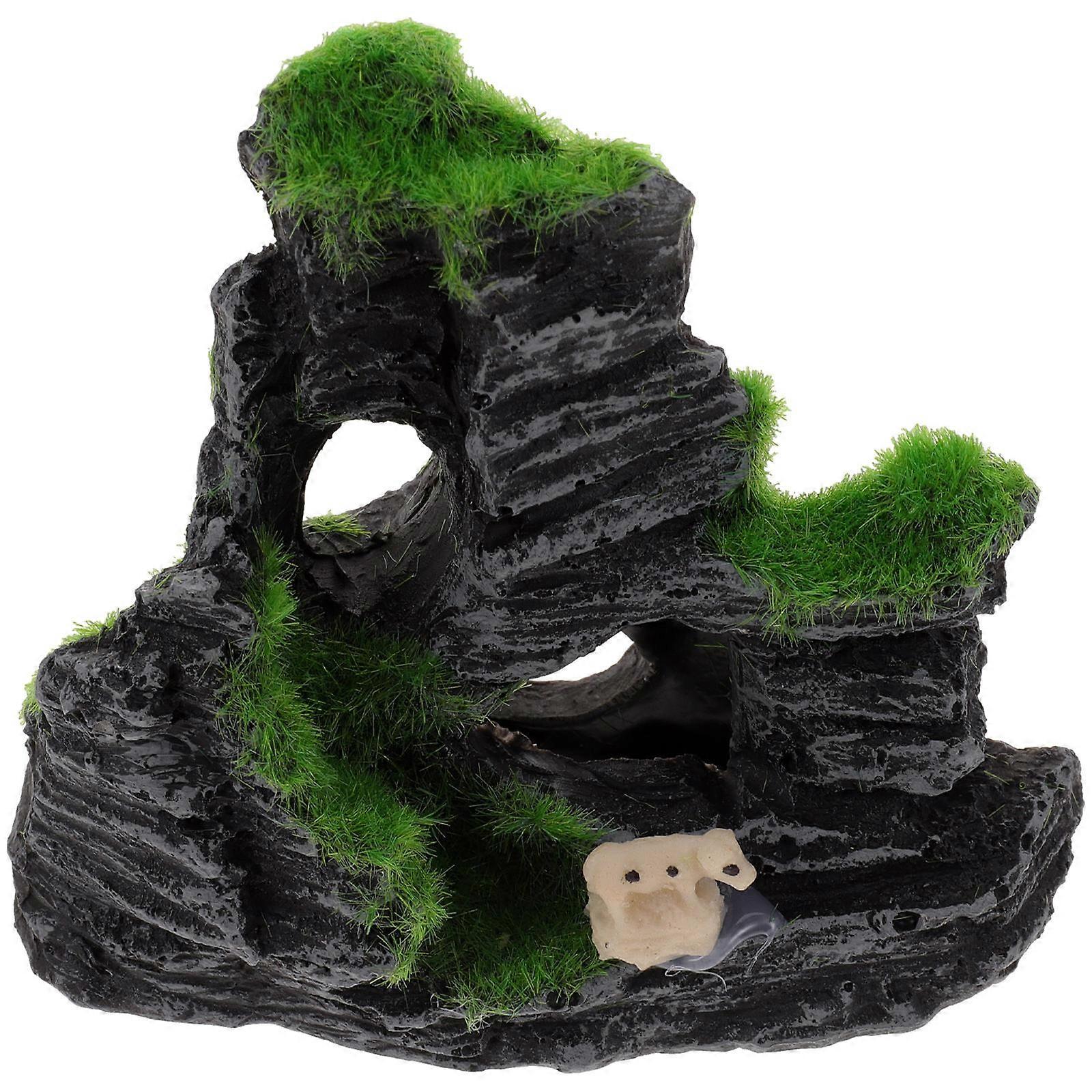 Rock Hiding Cave Decor For Aquarium Resin Fish Tank Accessories Moss Covered Mountain Family Use 1Set